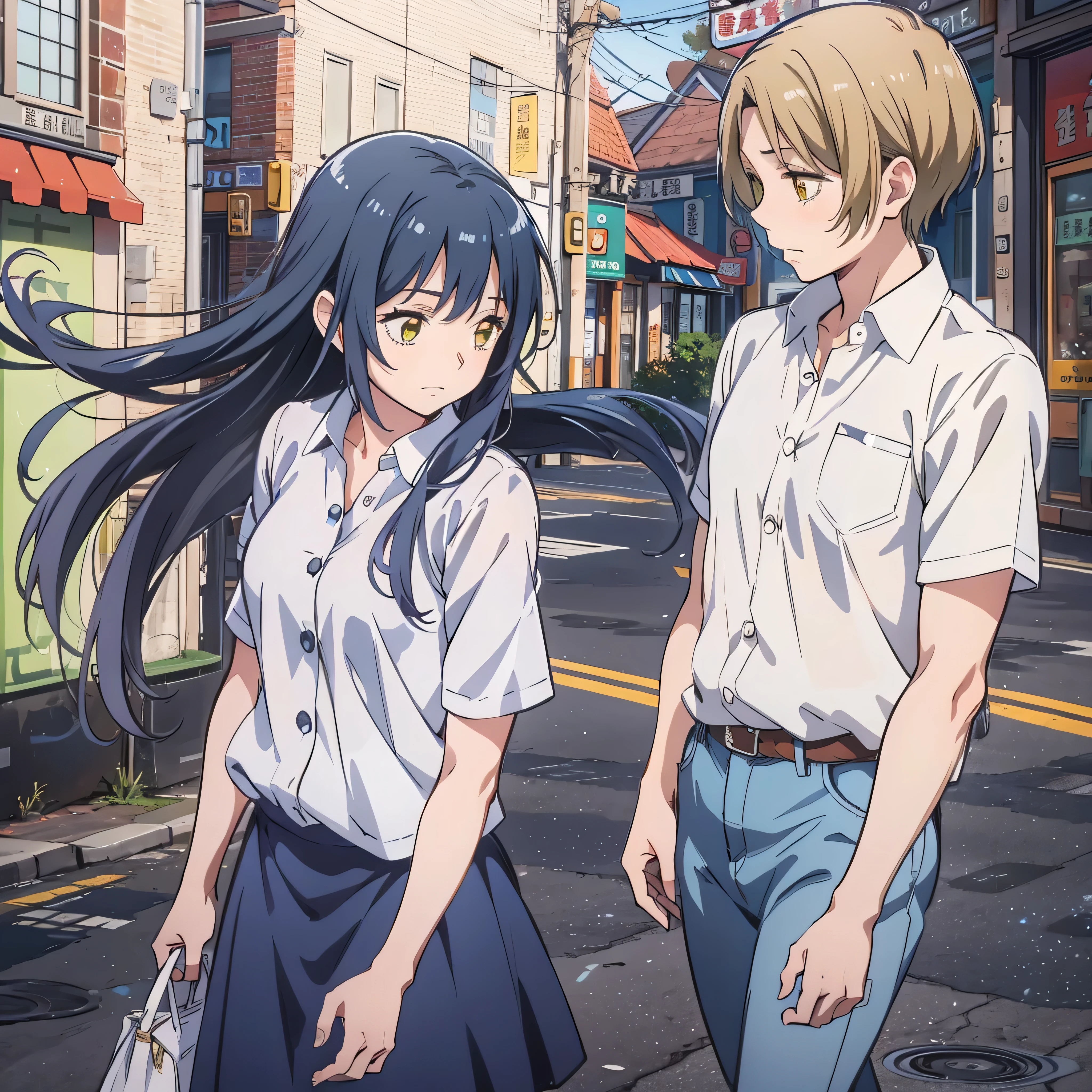 Miko and natsume takashi are walking besides each other on a small town scenario, they are facing each other, Miko has yellow eyes and a dark blue long hair with bangs and multicolored tips, Miko wears a blue skirt and a white buttoned shirt, natsume takashi has brown eyes and blonde hair, natsume takashi wears a white shirt and black pants, full body, front view