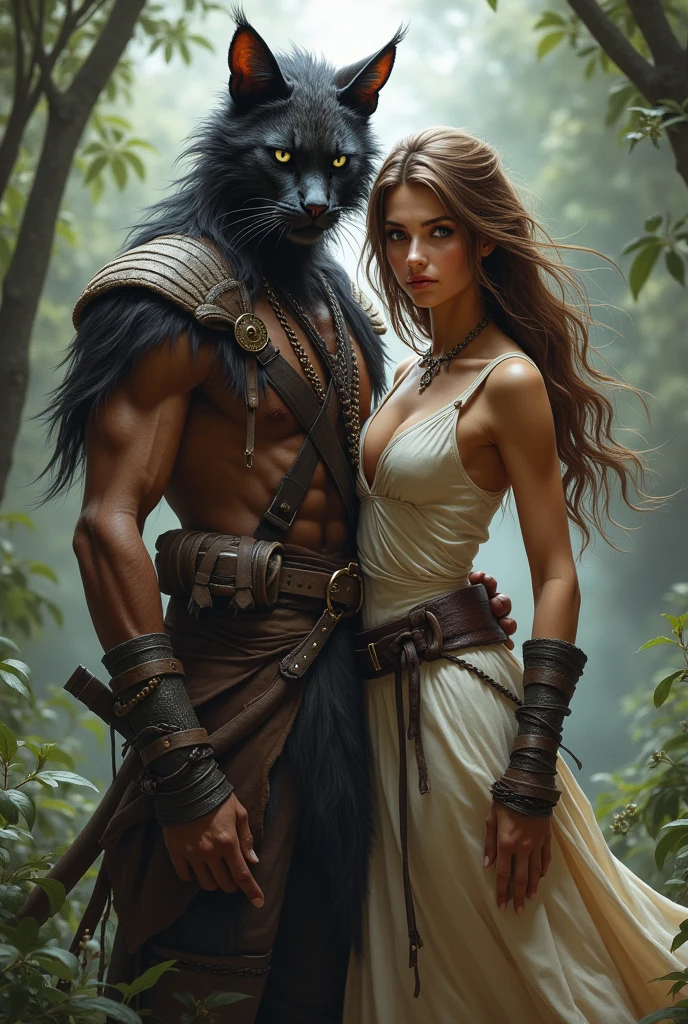 Create a stunning, semi-realistic image of a beautiful female adventurer standing at the edge of a mystical, fantasy forest, encountering a majestic centaur. This centaur, a horse-human hybrid, has an elaborate human face with a well-groomed beard, an exquisite, muscular chest and abs, and delicately detailed arms. The upper body of the centaur is entirely human, seamlessly merging into an extremely detailed horse body with powerful, muscular legs and a complex fur texture that flows naturally across its equine form. The centaur stands prominently before the adventurer, exuding a sense of ancient wisdom and power. The surrounding forest, filled with towering, ancient trees and glowing, otherworldly flora, casts an enchanting light, while sunbeams pierce through the canopy, enhancing the mystical atmosphere. The composition centers on the centaur, making it the focal point of this awe-inspiring, fantasy encounter.