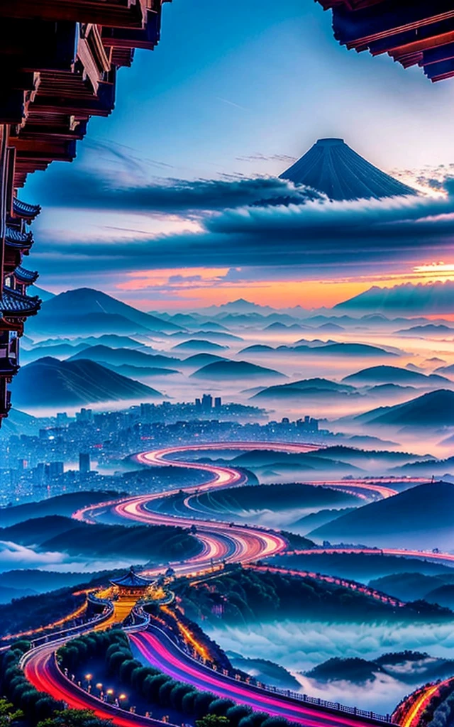 japan nature landscape, aerial view, drone photography, cinematic, mountains and tokyo city, cinematic view, epic sky, detailed, low angle, high detail, warm lighting, volumetric, godrays, vivid, beautiful, by jordan grimmer, huge scene, sunrays, Fujifilm GFX 50S