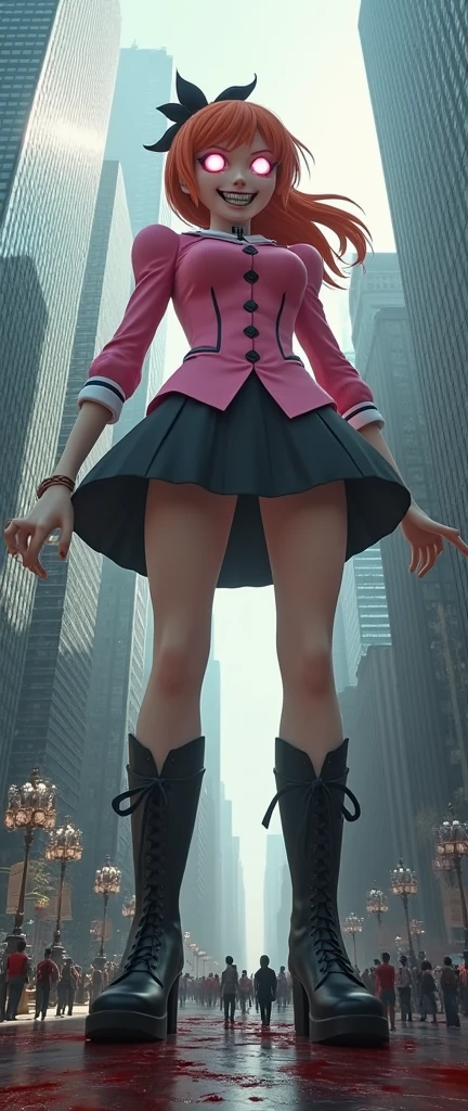 
Low perspective a redhaired young woman depicted as a giant among city skyscrapers. She has glowing pink eyes, orange hair with a bow, and is wearing a pink outfit with black skirt and riding boots . The character is looking down at the cityscape with a grin manic expression. The character towers over the buildings, with a sense of scale and proportion to emphasize her immense size relative to the city. Tiny people are trampled under her steps, with blood splattered over her shoes.