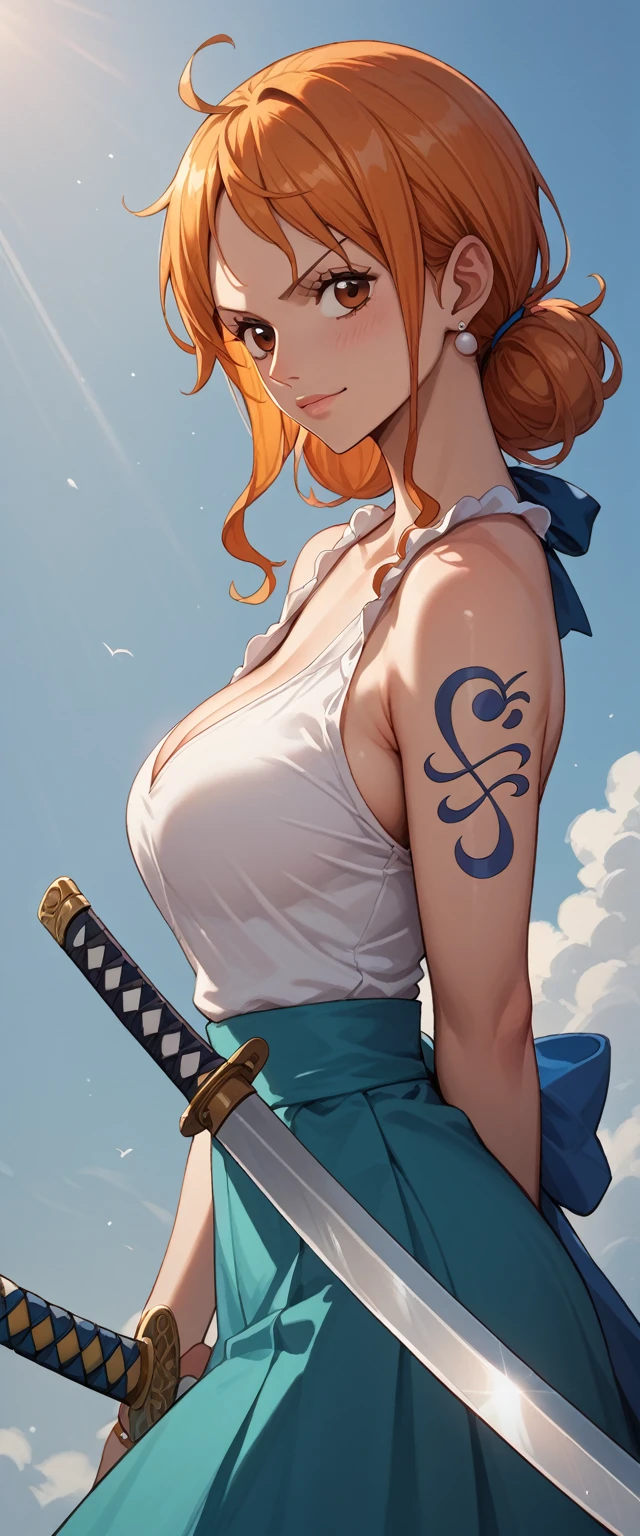 Score_9, Score_8_up, Score_7_up, Score_6_up, Score_5_up, Score_4_up, Source_anime, Tag1, Tag2, Quality_masterpiece, NAMI from One Piece,Katana,Sword,