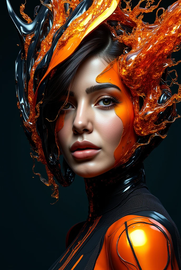 locking at viewer, front view, Organic digital fusion featuring black and orange neon metallic and translucent abstract shapes of a beautiful woman interlocking with organic textures, sharp tendrils, and fluid splashes. Set against a deep, coherent background, the vibrant neon colors pop dramatically, creating a striking contrast that enhances the visual impact. Intricate details come alive in this high-contrast composition, where glossy and matte finishes coexist, adding depth and dimension. The result is a futuristic surreal aesthetic that captivates the eye, merging bold colors with organic elements in a mesmerizing dance of light and texture
