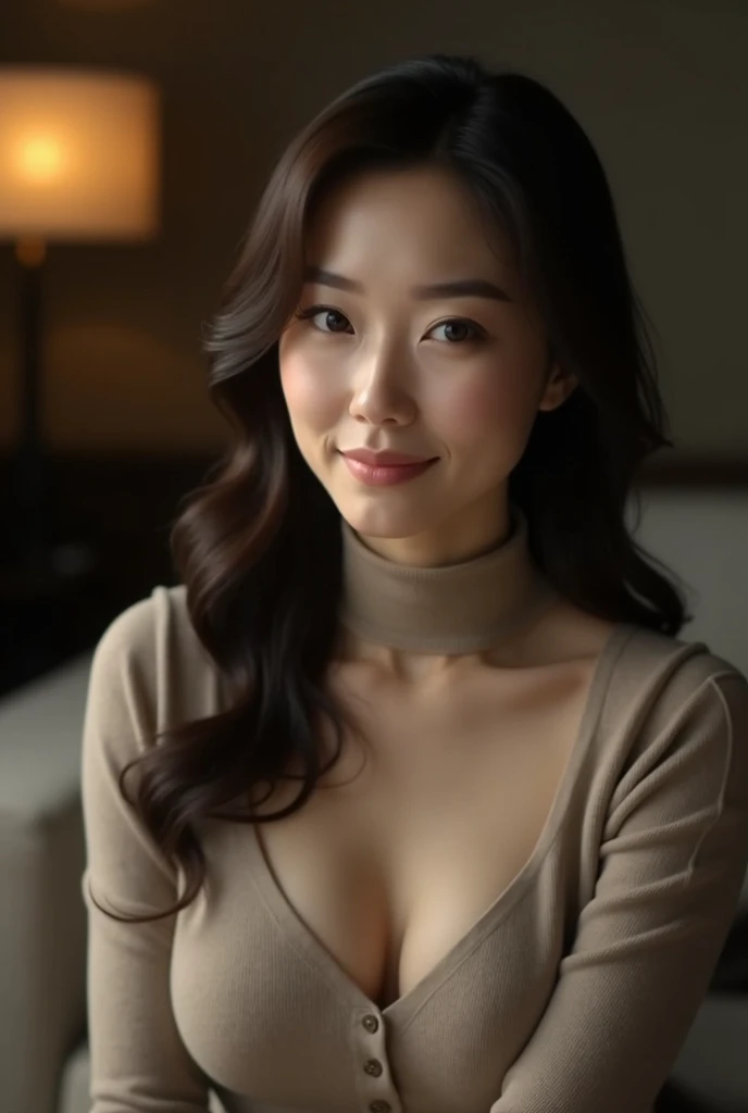timid asian woman wearing a fully buttoned up long sleeve red button shirt, soft smile, sitting at a table, flat chested