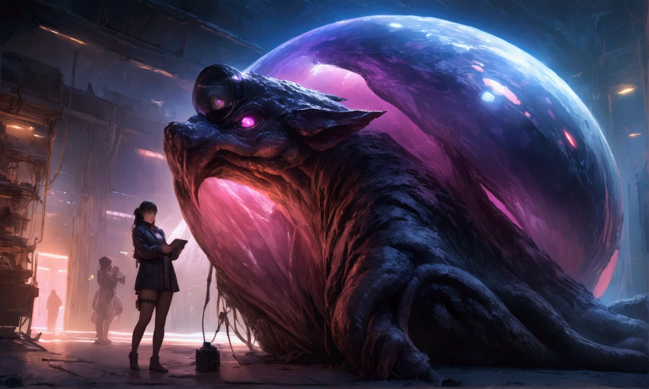 A striking and detailed Japanese comic masterpiece, the focal point being the number 1000. Captivating in its black and white aesthetic, with a hauntingly beautiful translucent white creature from another world. The creature's chitinous skin is adorned with bioluminescent patterns that emit an otherworldly glow. Its pink, purple and blue color palette adds to the eerie atmosphere, while its wet skin, translucent claws and tentacles exude a luminescent interior. The realistic, photorealistic illustration shows intricate skin patterns, a slim waist, and anatomical accuracy. The fierce and seductive depiction of the creature stands out against the backdrop of a war-torn landscape, with the number 1000 as the focal point, seamlessly integrated into the image. Elements of dark fantasy, architecture, and concept art come together to create unforgettable concept art, dark fantasy, and architecture.