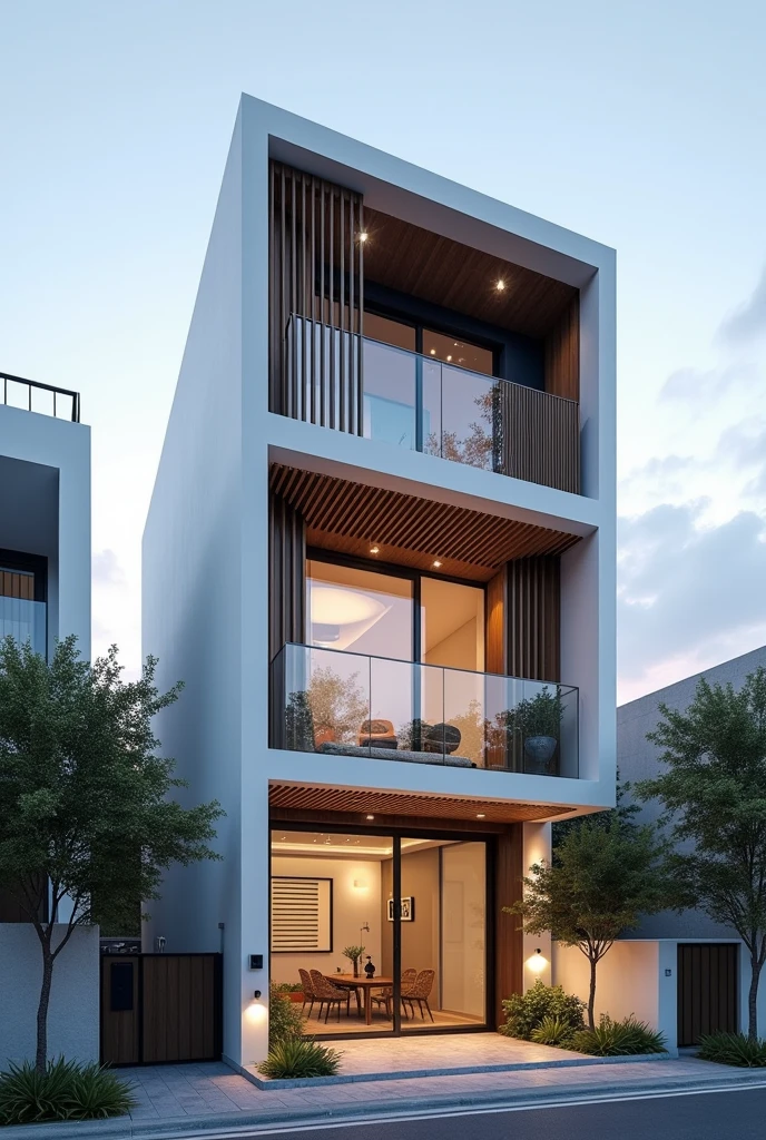 Modern architecture of 4-storey townhouse with 5m facade, facade sun protection architecture