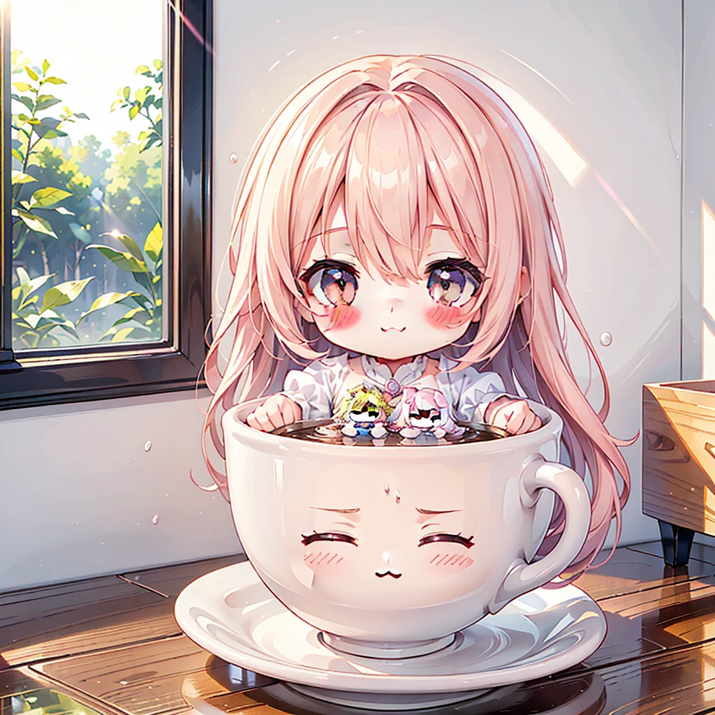 Chibi、1girl,(((The best composition、Best Quality、 masterpiece、 OFFICIAL ART、Super detailed、 high definition、Soft sunlight))))、Chibiマスコット、Heartwarming、 Pastel、 Fairy Living in a Coffee Cup、 cute smile、 Colorful Marshmallow 、