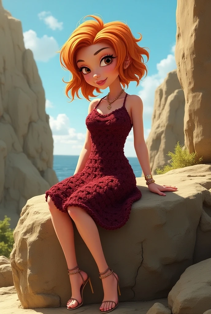 Style-Moana, Style-Glass, photo, 8k, soft lighting, (full shot), (cowboy shot), (beautiful) (petite:1.21) (medium breasts:0.96), stunningly attractive (tomboy) girl, (playful:1.2), (aroused:1.3), nature backdrop, ( red very short wavy hair:1.21), (amazing feminine face:1.21), (detailed freckles:0.96), (small nose:1.11), (narrow waist:1.31), (wide hips:1.11), (thick thighs:1.3), (long legs), (excellent hands fingers thumbs:1.16), tight pink sundress, thigh highs, (pixie cut:1.21)