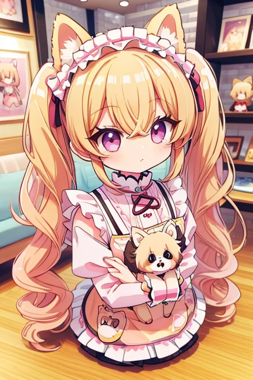 Highest quality,masterpiece,dogcafe,Girl clerk,Maid clothes,(Pomeranian,),Anime Style,cute,Twin tail hair,