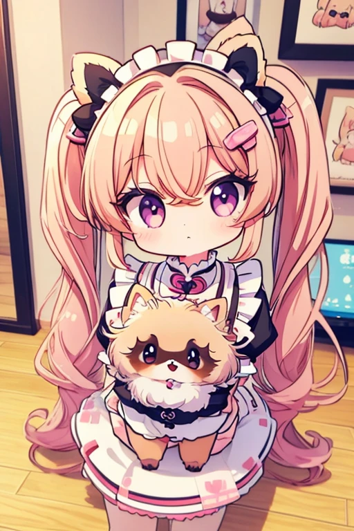 Highest quality,masterpiece,dogcafe,Girl clerk,Maid clothes,(Pomeranian,),Anime Style,cute,Twin tail hair,