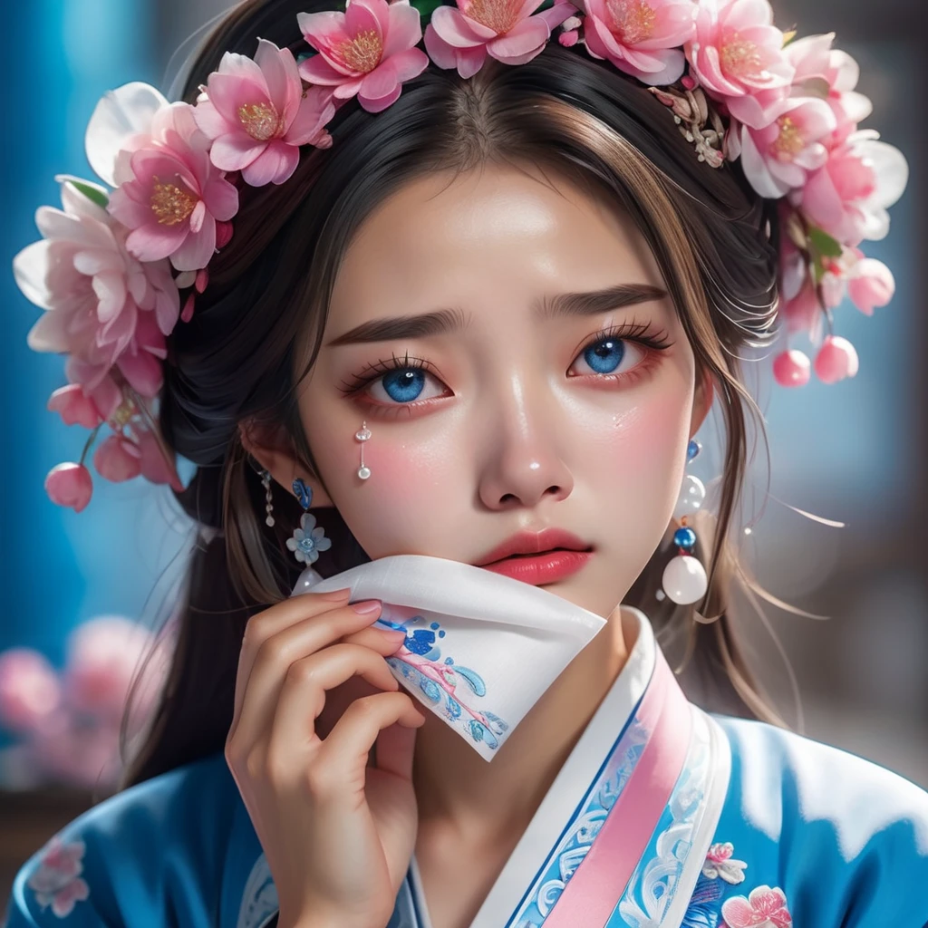 （Beautiful face of crying Chinese girl covering her face with handkerchief）, （With many, many tears in her eyes：1.3），drunk,drunk eyes,drunk expression,（watery eyes）（bowed slightly），（Cover your face with your hands and cry），Pearl ear-rings, long eyelashes and pink lips, face close-up, clean face, round chin, blue eyes, Blue embroidered hanbok, White background. illustrate, 3D rendering, Bright colors and exquisite details, as illustration poster, 2D game art style, Color proofing, HD, 32k ,disney，