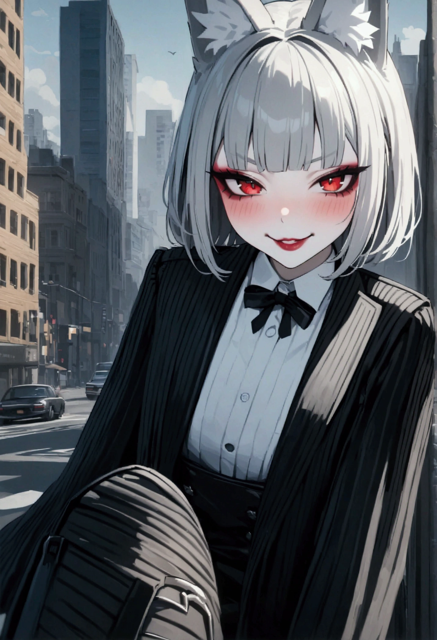 Miyabi Hoshimi, tuxedo, red eyes, city, american flag, Beauty, Beautiful eyes, blush, uhd, retina, masterpiece, ccurate, anatomically correct, textured skin, super detail, high details, high quality, best quality, highres, evil grin, knee high boots, gloss lips, lipstick, 4K, eyeshadow, eyeliner, blush, fox ears, smirk