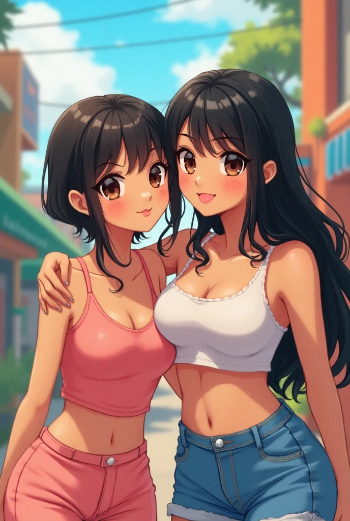 2 heads, a tall skinny woman with 2 heads. Outside in a park. Big breasts. Thin gorgeous face. Wearing small tank top and jeans. Young. Happy. Flirty. Seductive. Wild messy maroon hair. Cute. Girlfriend. Close up. Blushing. In love.