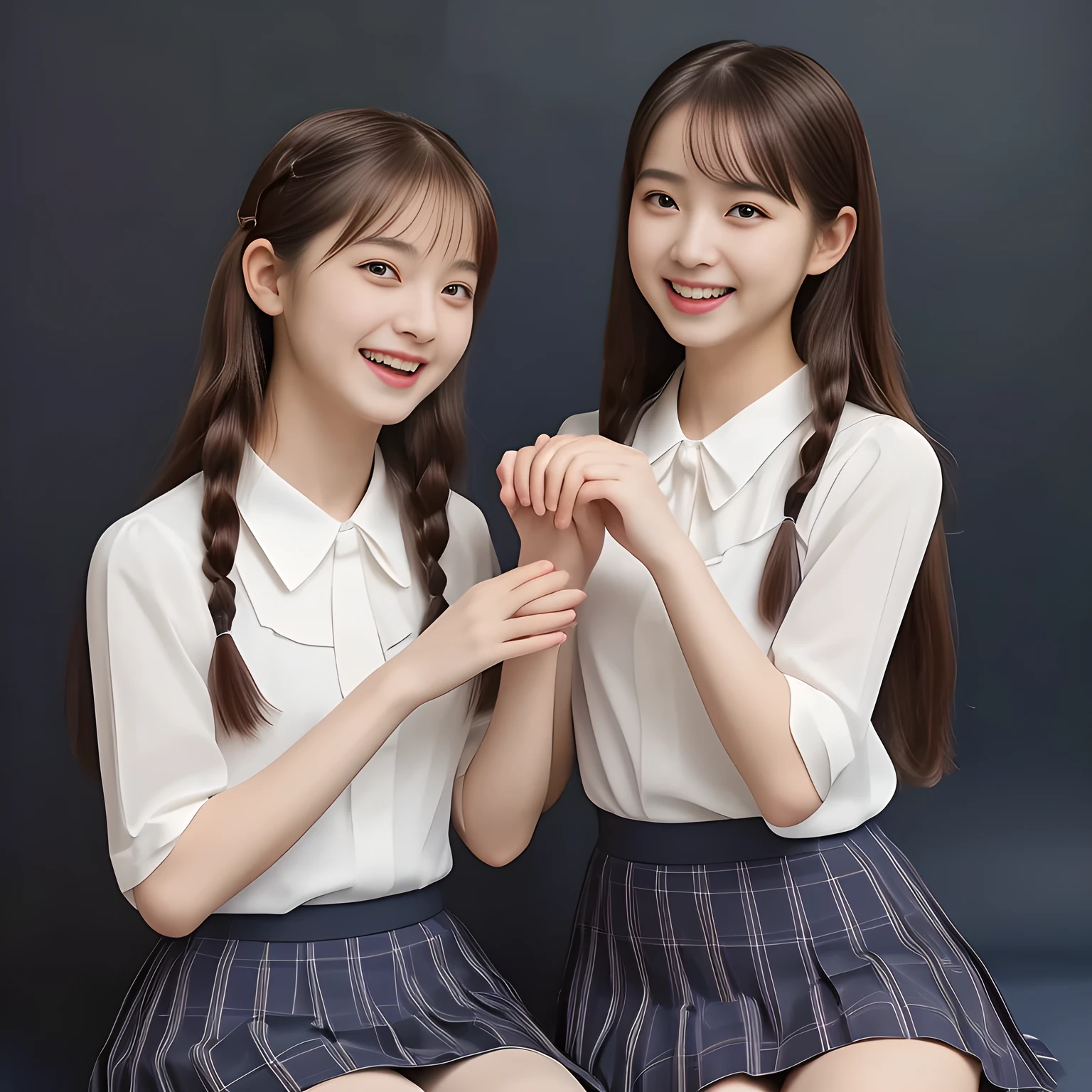 (Highest quality, masterpiece:1.2), Highest quality, High resolution, 1080P, 8k, height: 158cm, (Two yo Japanese beautiful idols are seated and touching hands together, facing each other, cute skirt with beautiful knees, putting her hands front and beautiful fingers, looking at the viewer, can't stop showing cute smile open mouth because of feeling too funny about the viewer, very white-white face, very proud of her long straight hair, using face-whitening cosmetics, 13 girl's prominent eyes, opened laughing giggling most open mouth, too expensive luxurious glossy feminine frilled ivory silk blouse, woolen navy-checkered-pleats-school-skirt and bewitching ribbon on the breast, well-straitened super-super-long well-trimmed long hair: 1.5), (white thighs and knees: 1.7), (Well-balanced, impressive, lovely, drooping, double-eyelids, black shining large prominent eyes of 13yodol with detailed: 1.5), ((Beautiful well-figured glossy opened laughing lips: 1.2)), (mature breast), (Girl whom everyone loves because of her beauty and beautiful eyes and lovely fashion and noble manner), (Very beautiful, super-glossy, cute neat black amazingly long hair, straight well-done long hair-style: 1.3), (plain blue background: 1.6), (Best style like a 14yo fhion model, mature breast), (((Completely balanced beautiful big big eyes, looking at me))), (eyes, face and hair are especially beautifully detailed and beautifully drawn: 1.5), (Satisfactory best shot by professional famous photographer for school girl's beauty: 1.5), (The soft white light clearly shows her face extremely white: 1.2), (Feel too luxurious and expensive, girly frilled), (KANKO uniform, Twins, A pair of cute slender 13yo Japanese idols, Super long hair 13yo super-beautiful super-cute 13yo idol of girls photo magazine in Japan are touching hands together like classic dance: 2.0)