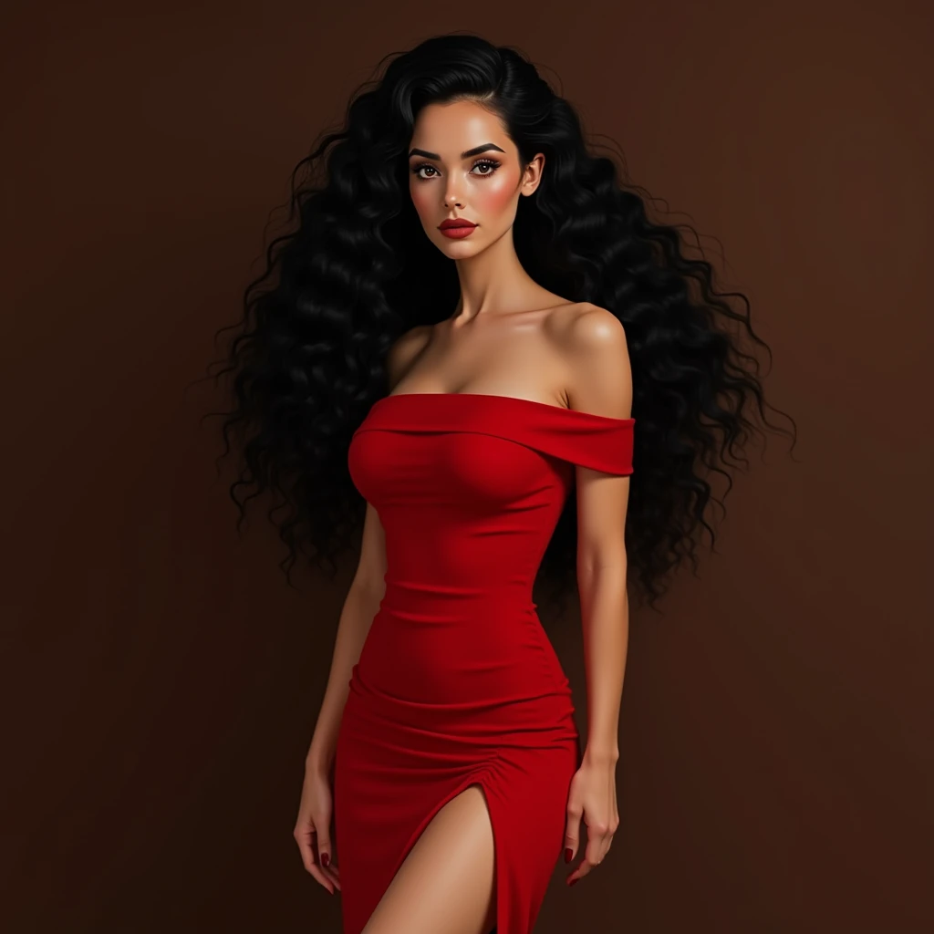 A 2 woman, brunette with long, wavy, voluminous black hair with a red streak, simple background, very long hair, breasts big, aretes, Eyes red, simple background, jewel, and a red dress