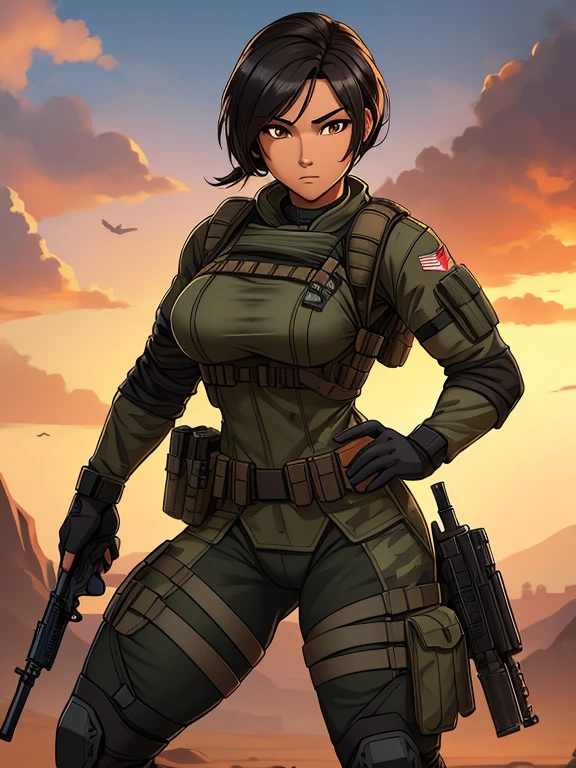 masterpiece, best quality:1.2), expressive eyes, perfect face, highres, 1 girl, solo, (female:1.5), chris redfield, green taut shirt, white pants, fingerless gloves, belt, hands to hip, standing, portrait, looking at the viewer,
