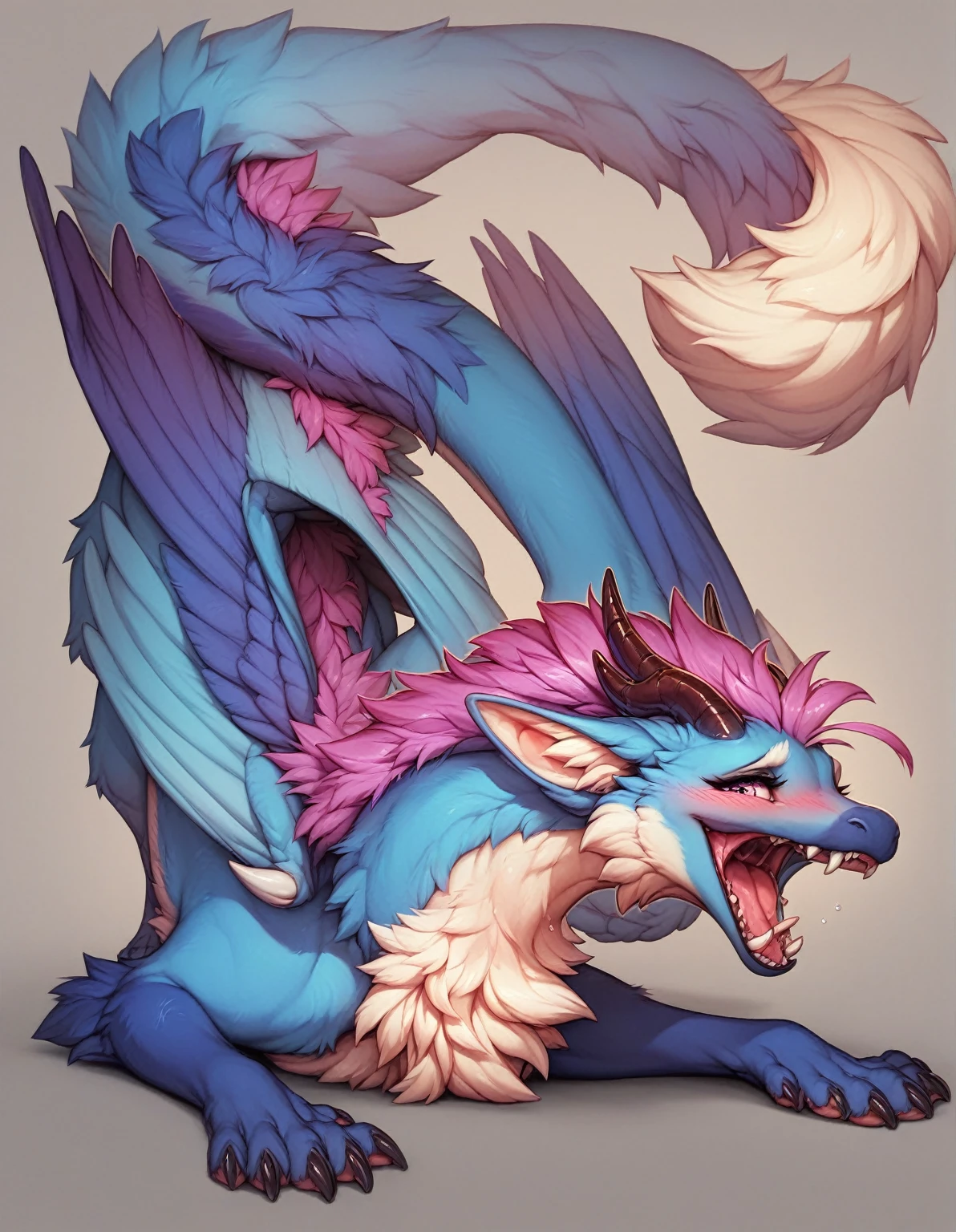 furry art, feral, furred dragon, female, full body, white and blue fur, thicc, wings, horns, tail, chest fluff, paws, fangs,  ton back, close up, embarrassed, happy, bent over, bent over with her ass to the viewer , extra fluffy,  extra fluffy, quadruped, 