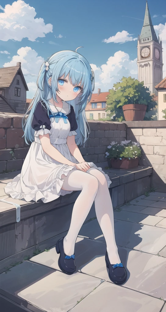 masterpiece, best quality,tower,town,Europ,a girl,blue hair,long hair,sit,blue eyes,white classic dress,stockings,rooftop