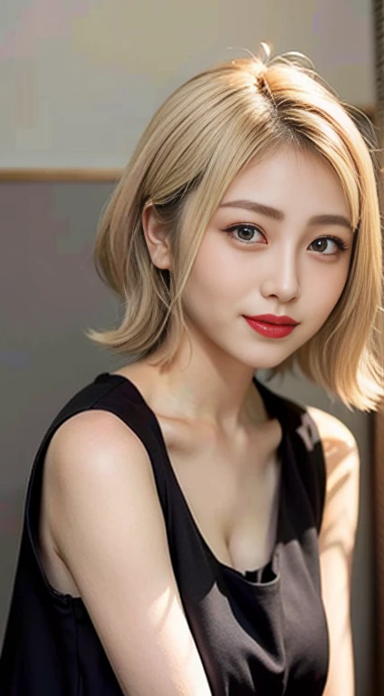 blush a little and smile, (Top quality masterpiece:1.2) Delicate illustrations, Very detailed, /Beautiful Japanese Women、1 person,Very cute and slim、Great style 、((8k images、super high quality))、Very delicate face, Big Breasts、Skin and Hair、beautifule forehead、Red lipstick、(((((short hair、Blonde、lure))))),Very cute Japanese cut face、Eyes and nose are clearly visible、Kind eyes,((((Black sleeveless fashion))))