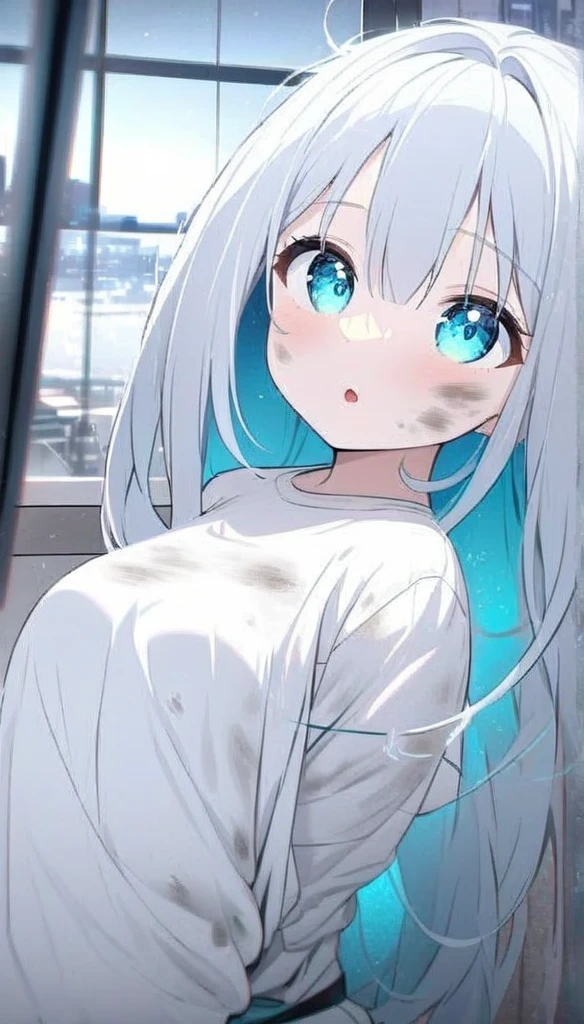 Resolution full, best quality, masterpiece, full HD, beautifull girl, foggy theme, super detailed, 1girl, cute girl, long hair, silver  hair, blue inner hair, detailed beautiful aqua eyes. Open mouth. Dirty shirt. Dirty and bound face. white T - shirt oversized, holding glowing katana. Head rest at table, at bedroom, window, city view.  bokeh. Depth of field.