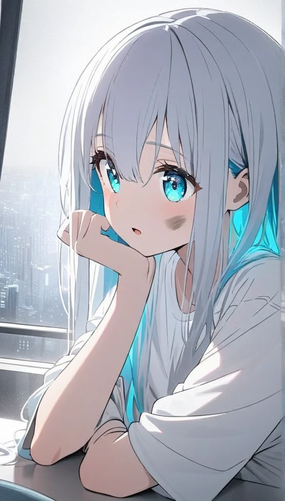 Resolution full, best quality, masterpiece, full HD, beautifull girl, foggy theme, super detailed, 1girl, cute girl, long hair, silver  hair, blue inner hair, detailed beautiful aqua eyes. Open mouth. Dirty shirt. Dirty and bound face. white T - shirt oversized, holding glowing katana. Head rest at table, at bedroom, window, city view.  bokeh. Depth of field.