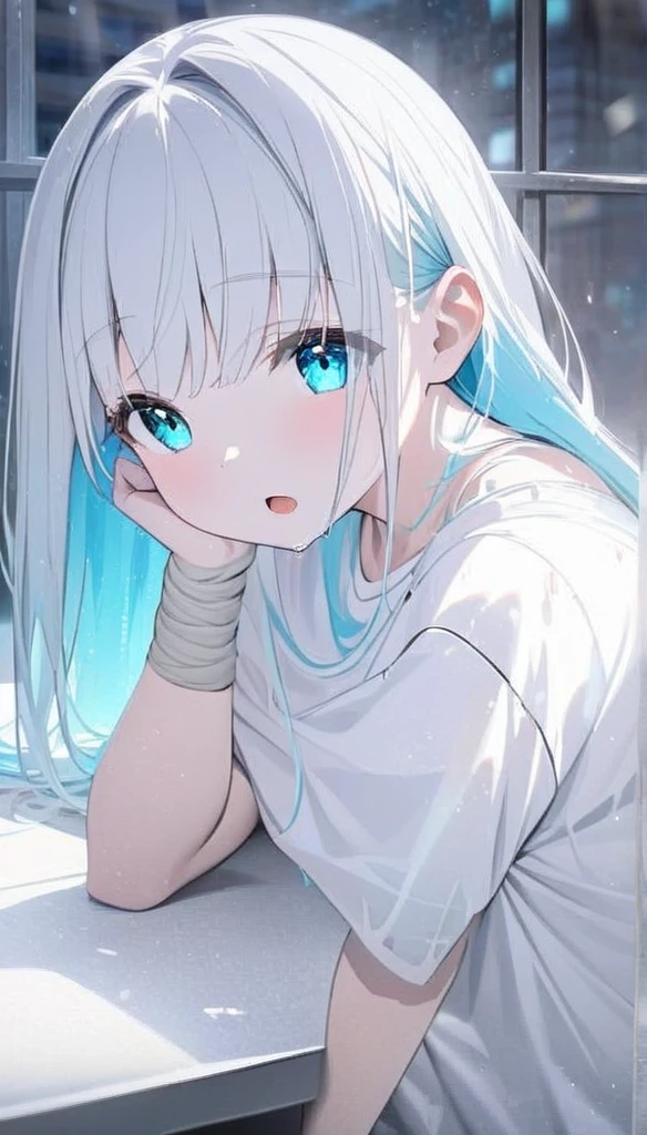 Resolution full, best quality, masterpiece, full HD, beautifull girl, foggy theme, super detailed, 1girl, cute girl, long hair, silver  hair, blue inner hair, detailed beautiful aqua eyes. Open mouth. Dirty shirt. Dirty and bound face. white T - shirt oversized, holding glowing katana. Head rest at table, at bedroom, window, city view.  bokeh. Depth of field.