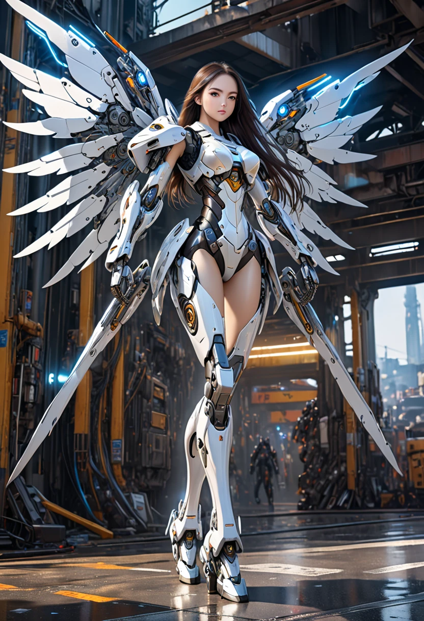 top-quality、masterpiece、超A high resolution、(Photorealsitic:1.4)、Raw photo、Battle Cyborg Angel、large wings made of metal、White porcelain body、Acrylic Clear Cover、white hair、glowy skin、1 Cyborg Girl、((super realistic details))、portlate、globalillumination、Shadow、octan render、8K、ultrasharp、character edge light,Colossal tits、Raw skin is exposed in cleavage、Details of complex ornaments、More about Rome、Hydraulic cylinder、Small LED lamp、highly intricate detail、Realistic light、a purple eye、radiant eyes、Facing the camera、neon details、cowboy shot、Futuristic headgear、About Cyberpunk、、