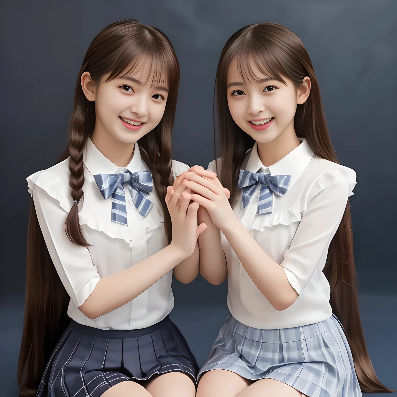 (Highest quality, masterpiece:1.2), Highest quality, High resolution, 1080P, 8k, height: 158cm, (Two **** Japanese beautiful idols are seated and touching hands together, facing each other, cute skirt with beautiful knees, putting her hands front and beautiful fingers, looking at the viewer, can't stop showing cute smile open mouth because of feeling too funny about the viewer, very white-white face, very proud of her long straight hair, using face-whitening cosmetics, **** girl's prominent eyes, opened laughing giggling most open mouth, too expensive luxurious glossy feminine frilled ivory silk blouse, woolen navy-checkered-pleats-school-skirt and bewitching ribbon on the breast, well-straitened super-super-long well-trimmed long hair: 1.5), (white thighs and knees: 1.7), (Well-balanced, impressive, lovely, drooping, double-eyelids, black shining large prominent eyes of **** idol with detailed: 1.5), ((Beautiful well-figured glossy opened laughing lips: 1.2)), (mature breast), (Girl whom everyone loves because of her beauty and beautiful eyes and lovely fashion and noble manner), (Very beautiful, super-glossy, cute neat black amazingly long hair, straight well-done long hair-style: 1.3), (plain blue background: 1.6), (Best style like a **** fashion model, mature breast), (((Completely balanced beautiful big big eyes, looking at me))), (eyes, face and hair are especially beautifully detailed and beautifully drawn: 1.5), (Satisfactory best shot by professional famous photographer for school girl's beauty: 1.5), (The soft white light clearly shows her face extremely white: 1.2), (Feel too luxurious and expensive, girly frilled), (KANKO uniform, Twins, A pair of cute slender **** Japanese idols, Super long hair **** super-beautiful super-cute **** idol of girls photo magazine in Japan are touching hands together like classic dance: 2.0)