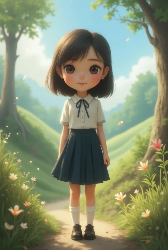 Cartoon little girl,flower field,Sunlight