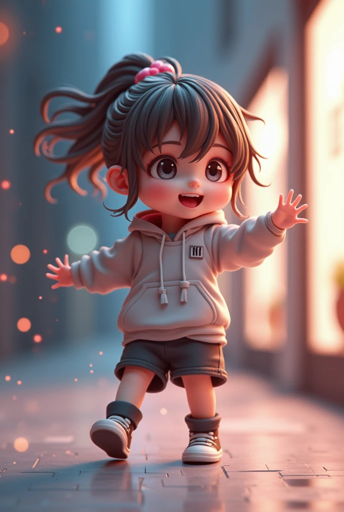(masterpiece),(best quality),(ultra-detailed), (full body:1.2), a boy, chibi, cute, smile, open mouth, outdoors, dancing, dancing hip hop, jumping pose, hoodie, blush, tree, :3, shirt, short hair, brown hair, blush stripes stickers, long sleeves, black hair, sneakers, pants, (beautiful detailed face), (beautiful detailed eyes),
