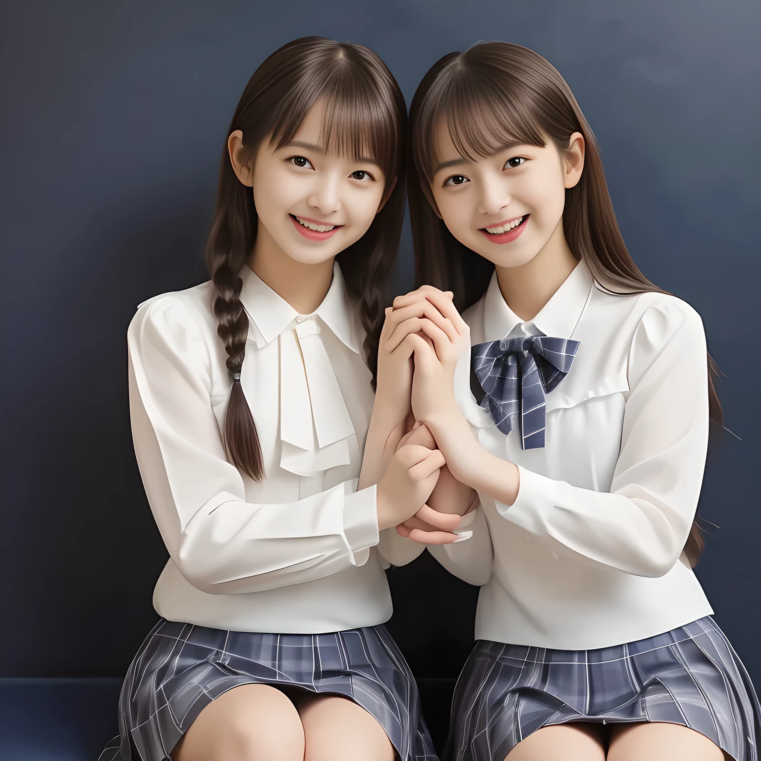 (Highest quality, masterpiece:1.2), Highest quality, High resolution, 1080P, 8k, height: 158cm, (Two **yo Japanese beautiful idols are seated and touching hands together, facing each other, cute skirt with beautiful knees, putting her hands front and beautiful fingers, looking at the viewer, can't stop showing cute smile open mouth because of feeling too funny about the viewer, very white-white face, very proud of her long straight black hair, using face-whitening cosmetics, **** girl's prominent eyes, opened laughing giggling most open mouth, too expensive luxurious glossy feminine frilled ivory silk blouse, woolen navy-checkered-pleats-school-skirt and bewitching ribbon on the breast, well-straitened super-super-long well-trimmed long hair, evenly trimmed girly cute bangs: 1.5), (white thighs and knees: 1.7), (Well-balanced, impressive, lovely, drooping, double-eyelids, black shining large prominent eyes of **yo idol with detailed: 1.5), ((Beautiful well-figured glossy opened laughing lips: 1.2)), (mature breast), (Girl whom everyone loves because of her beauty and beautiful eyes and lovely fashion and noble manner), (Very beautiful, super-glossy, cute neat black amazingly long hair, straight well-done long hair-style: 1.3), (plain blue background: 1.6), (Best style like a **yo fashion model, mature breast), (((Completely balanced beautiful big big eyes, looking at me))), (eyes, face and hair are especially beautifully detailed and beautifully drawn: 1.5), (Satisfactory best shot by professional famous photographer for school girl's beauty: 1.5), (The soft white light clearly shows her face extremely white: 1.2), (Feel too luxurious and expensive, girly frilled), (KANKO uniform, Twins, A pair of cute slender 13yo Japanese idols, Super long hair 13yo super-beautiful super-cute 13yo idol of girls photo magazine in Japan are touching hands together like classic dance: 2.0)