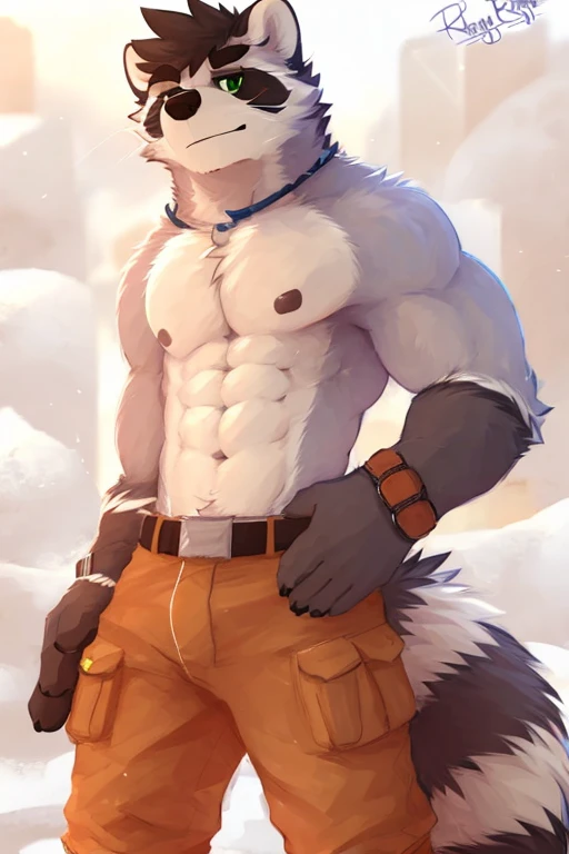 ( masterpiece , Line art style ), alone, posing , ((Pose to draw)),raccoon, fluffy hands ,  detailed face  ,  detailed body, (5 fingers),  detailed hands, strong abs, pair of nipples,  defined pectorals  ,  green eyes, detailed eyes,  short hair , 2 arms , por pache riggs