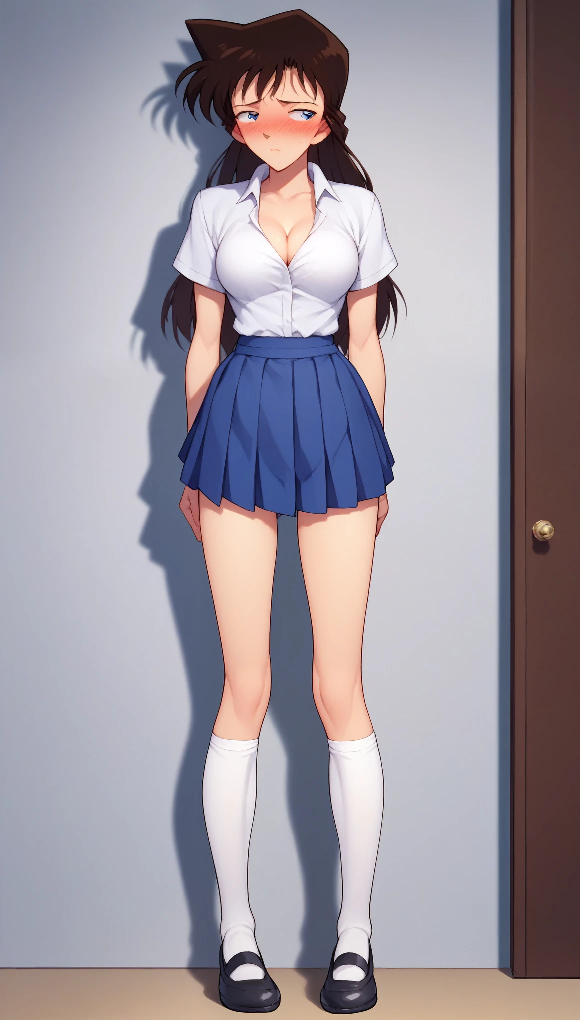 RanMoriDCXL, ran mori, detective conan, blue eyes, dark brown hair, blush, long hair, 1 pointed hair, bangs, ((thigh high socks:1.0)), medium breasts, slender body, ((tall body:1.2)), ((long legs:1.0)), red face, ((hesitant)), shy, embarrassed, ((eyes half closed)), ((looking to the wall)), wrinkle lips, short sleeve white shirt, blue pleated short skirt, white stockings, black shoes, solo, standing, indoors, front view, full body front view, straight front no angle, zoom out, hands to the side, standing straight, cleavage