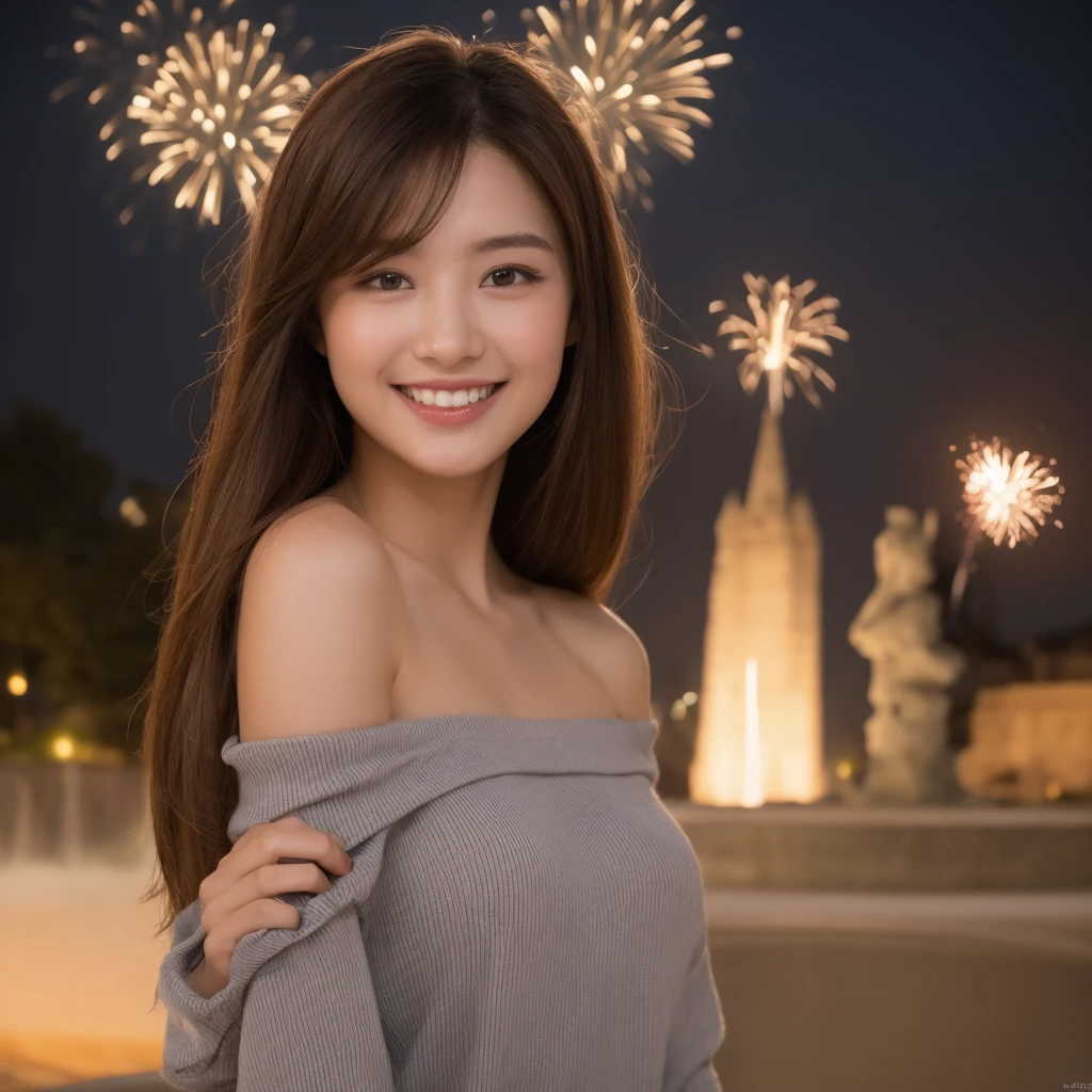 ((Night Scene, Realistic Light, Best Quality, 8k, Masterpiece: 1.3)), 1 Girl, Slim Body Beauty: 1.4, Brown Hair, (Big: 1.3), Off Shoulder Cut Top: 1.3, Ultra Detailed Face, Detailed Eyes, Double Eyelids, Disneyland, Fountain, Castle, Fireworks, Smile, Cleavage, Saggy
