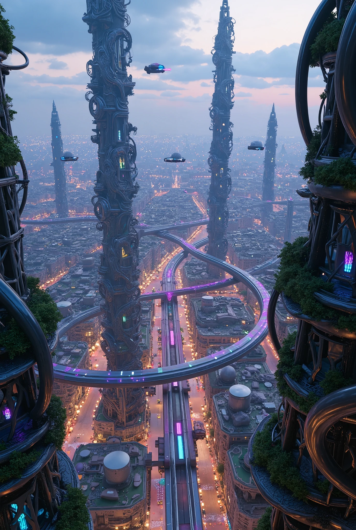 A high-angle view of a futuristic cityscape filled with uniquely designed skyscrapers, vibrant neon lights, and advanced flying vehicles. The buildings have imaginative, intricate architecture, with spiraling shapes, glass domes, and greenery integrated into the structures. A monorail or elevated train winds through the city, while flying cars and other airborne vehicles pass through the glowing skyline. The neon colors—vivid blues, purples, and pinks—illuminate the city streets and create a cyberpunk-inspired atmosphere. The scene is lively and dynamic, capturing the energy and innovation of a futuristic world, with detailed reflections and lighting effects adding to the realism and sense of scale,