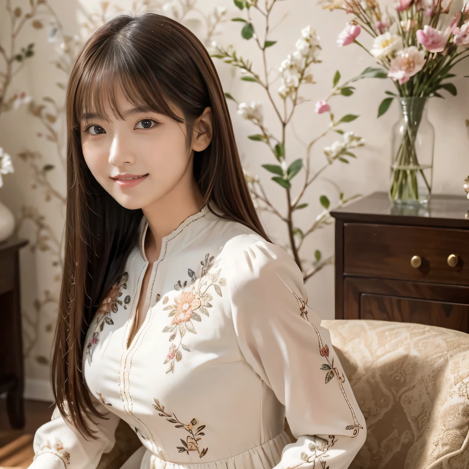 (Calm and gentle expression:1.0), ( full body shot:1.3), ( Panorama :1.0), Movie Lighting, ((Best Quality)), ( RAW Photos, Best Quality), ( Realistic:1.4), realism, masterpiece, very delicate and beautiful , very detailed, 4k wallpaper, wonderful, finely, very detailed CG unity 8k wallpaper, very detailed, Hi-Res, Soft Light,
Japanese, (one shot:1.9),
(22 years old:1.6), (Round face:1.2), (Fat:0.8), (A very neat woman, A very pure woman:1.5),
Beautifully Detailed Woman , Famous Japanese Actresses , detailed face, finelyて美しい目, very detailedな目と顔, Beautiful Eyes and Beautifully Detailed Nose, Ultra High Definition Glossy Lips ,
( straight hair:1.4), shiny hair, Shiny Hair, Brown Hair, (bangs:1.4),
toned body,
( and smiles :1.4), Glossy and moisturized lips, Natural Makeup,
(LET IT GO, Small floral pattern, Kinari, Elegant Long Sleeve Dress , Long Dress:1.4), (embroidery, Extremely Intricate and Exquisitely Decorated Dress:1.3), elegant long sleeve lace shirt accentuating body line , (High floors, Stylish Living Room Backdrop :1.4),