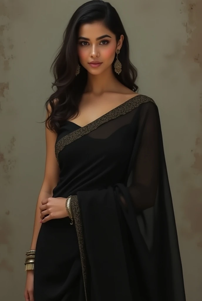 Portrait of Indian most beautiful and attractive serious Punjabi woman in her 30s as a beautiful female model, Georgia Fowler, beautiful face, black color Saree, with short dark brown hair, i dramatic lighting, trending on art station, portrait, digital art, modern, sleek, highly detailed, formal, determined, pink liner lipstick, soft lips,