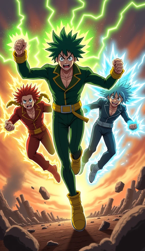 ((anime style art,))  heroes dance around a glowing meteorite, extremely muscular masculine character, shirtless, ripped clothes, meteor, fireball, punch