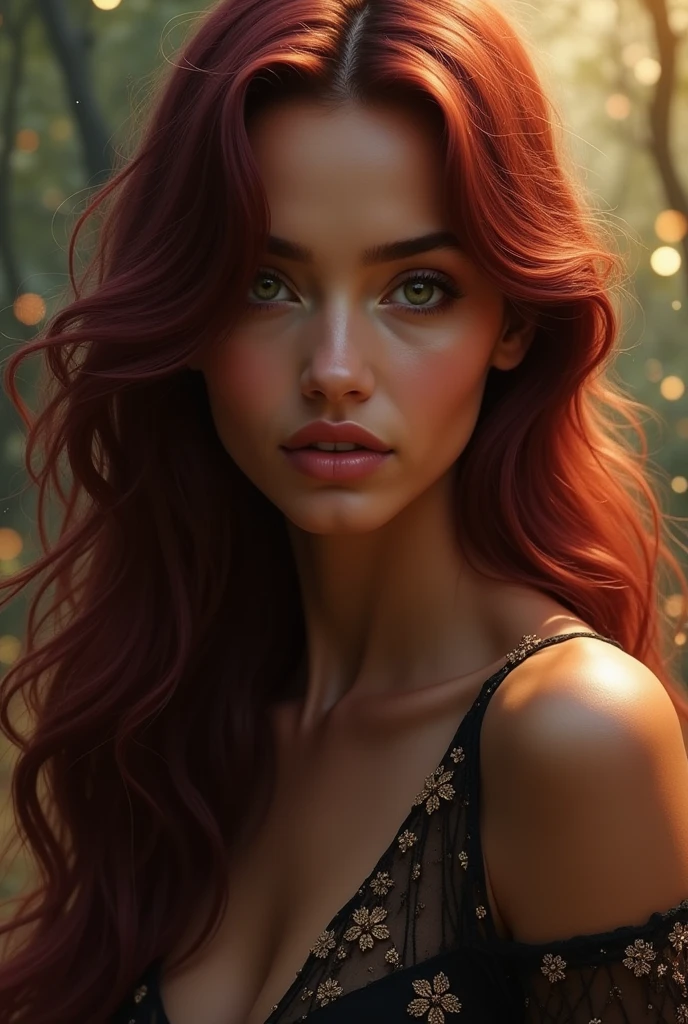brown skinned girl with long wine red hair, looking mysterious with a magical background. some hints of golden shades in the picture
