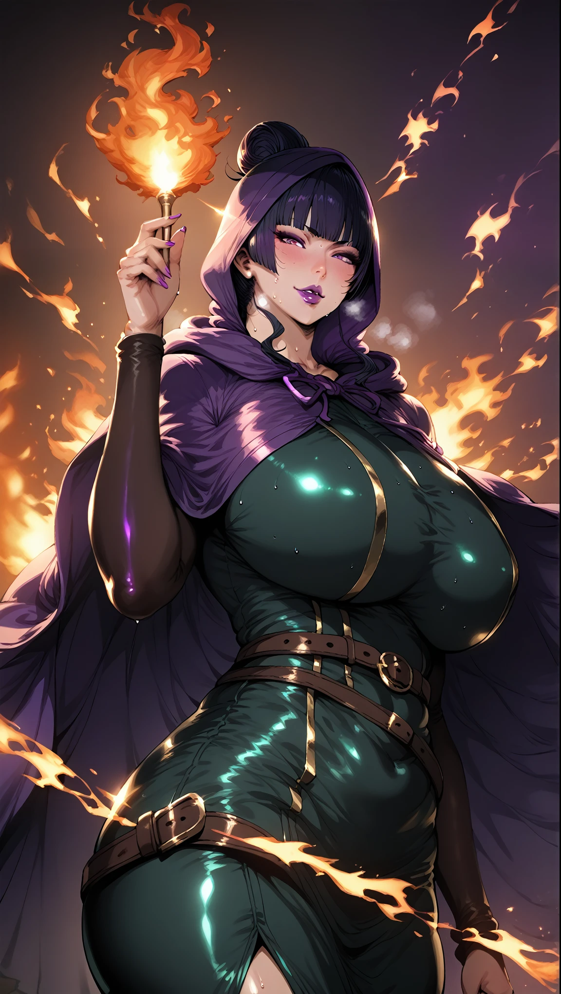 maidoll, (neisan style:0.7), uncensored, bouqtm, bouqtm, 1girl, nyotengu, single hair bun, purple eyes, huge breasts, purple lips, horny face, blush face, lips, naughty face, shiny skin, sweating, heavy breathing, gasping, sweating, excessive sweating, sweating drop, plump, 1girl, solo, looking_at_viewer, dress, fire, hood, cape, hood_down, magic, cloak, hooded_cloak, green_dress, belt