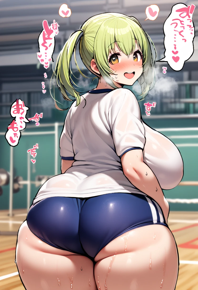 1girl, super pochaco, blonde hair, twintails, plump, huge breasts, huge ass, huge thighs, from behind, sweating, gym uniform, blue buruma, gymnasium, kind smile, spoken heart, {{{vulgarity}}}, breath, heavy breathing, breathless,  sweat, perspired, humid, 