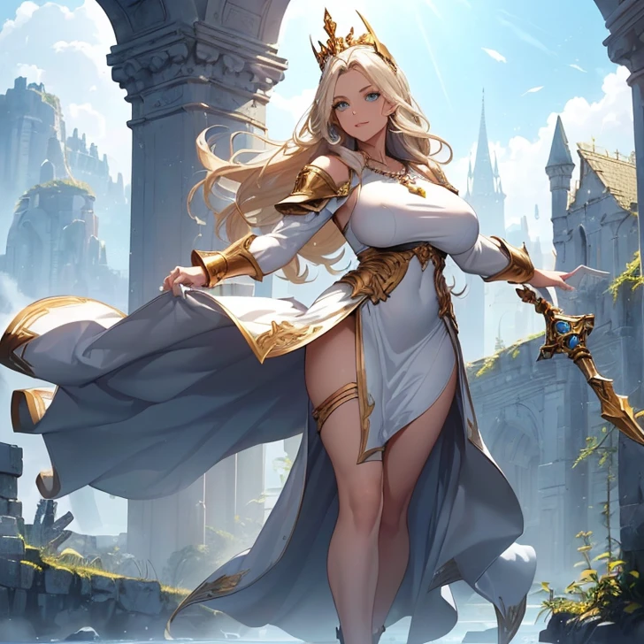 ((sexy tall supermodel)) ((beautiful face)) (red lipstick) ((big bright eyes)) ((very long blonde messy hair with long bangs covering one eye)) ((pale skin)) ((very huge breast:1.5)) (perfect body:1.3) ((wears tiny string thong)) ((sexy gold armour, big metallic wings ornamented with gold)) ((fantasy stocking, high heels boots, gauntlets, crown, backside half skirt))((wield magic long sword)) ((sexy supermodel posing inside photo studio for camera epic photoshoot, light of reflector over her, fantasy decoration, magic crystals))(high resolution, dynamic shadows)((photorealistic:1.5)) ((masterpiece:1.3)) (8k) (perfect face) (best quality) (perfect hands and eyes)