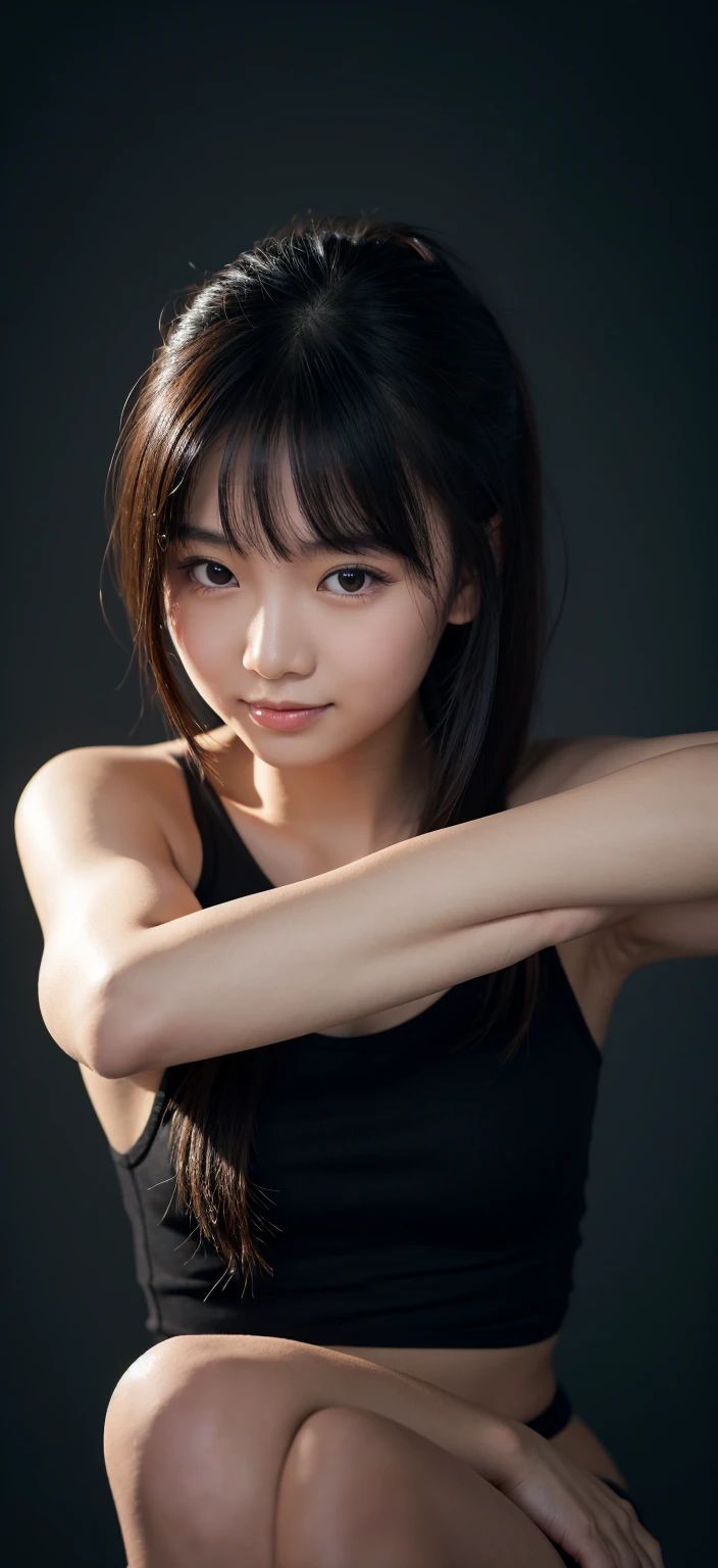 seductive smile, masterpiece, mieruko, miko yotsuya, wearing black tanktop, armpits, armpits visible, dark blue hair, yellow eyes