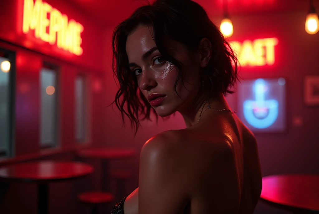 (best quality, hyperdetailed photography:1.2), beautiful lady, freckles,((muscular body)),,dark makeup, cyberpunk lady, cyberpunk apartment, neon light,,, ponytail,badass woman,cinematic lights,,,massive perfect breast,head and breast portrait, cover, (detailed beautiful face, detail skin texture, ultra-detailed body:1.1) hot vampire woman,,, (naked breast), realistic skin texture extreme details,, dynamic pose, cinematic photography ,