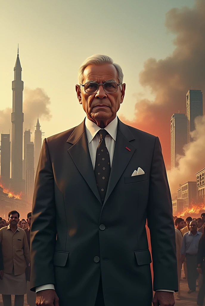 dictator man from behind looking at the crowed given a speech in a cyberpunk city, the dictator has white hair, big fat strong body and look to the crowd