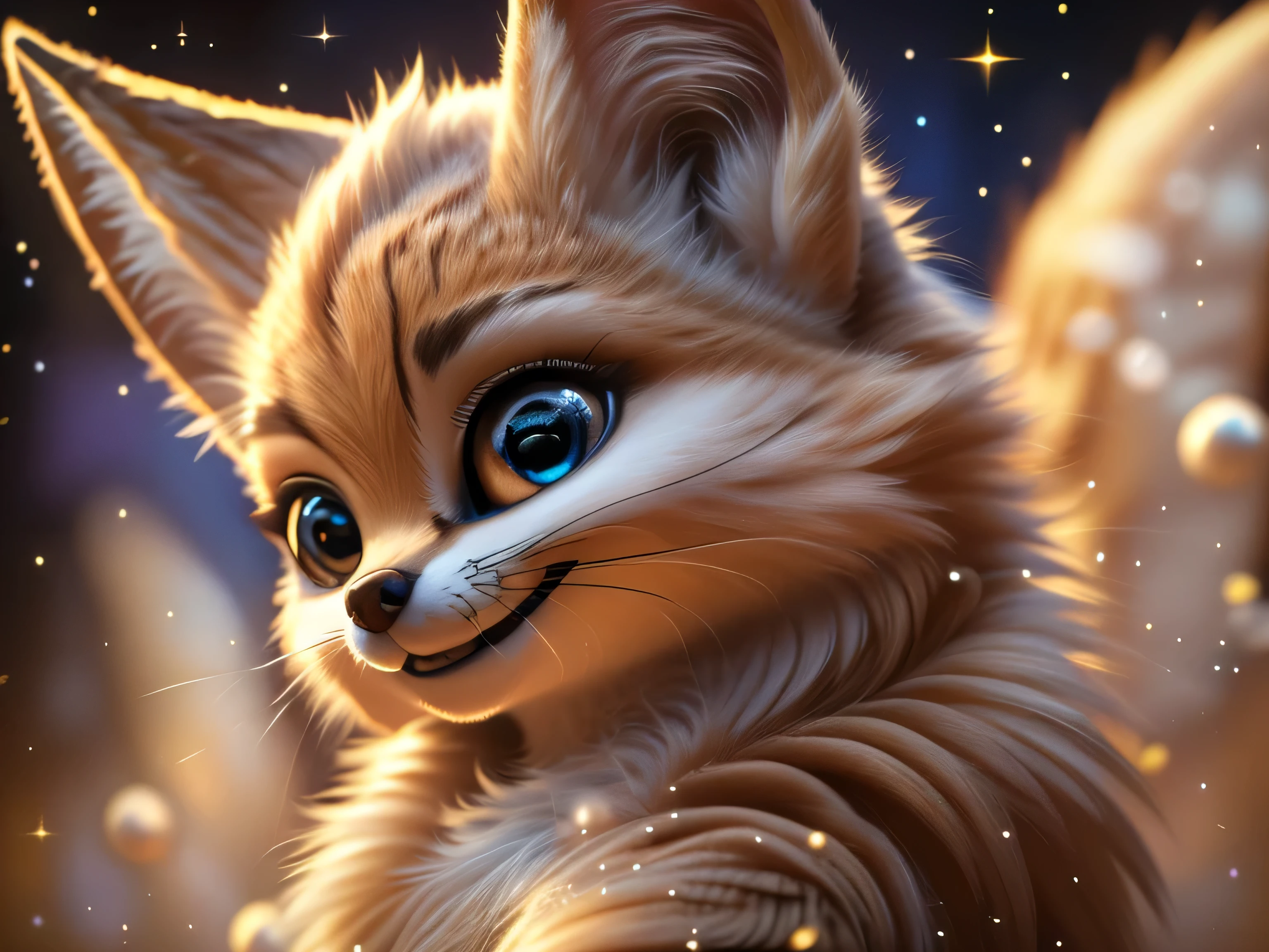 Magical Fantasy Creature, (Best Quality, Masterpiece, Representative Work, Official Art, Professional, Ultra Fine Detail, 8k:1.3), (Photorealism:1.2), Fox Spirit, Super Cute, Big Eyes, Soft, Delicate Nose, Fluffy, Two-Toothed Smile, Cute Fennec Fox Ghost, Realistic, Beautiful, Sparkling, Stars in Eyes, Star Pearl, Fox Lights, Soft Volumetric Light, (Backlight:1.3), (Cinematic:1.2), Intricate Details, (ArtStation:1.3), --auto --s2