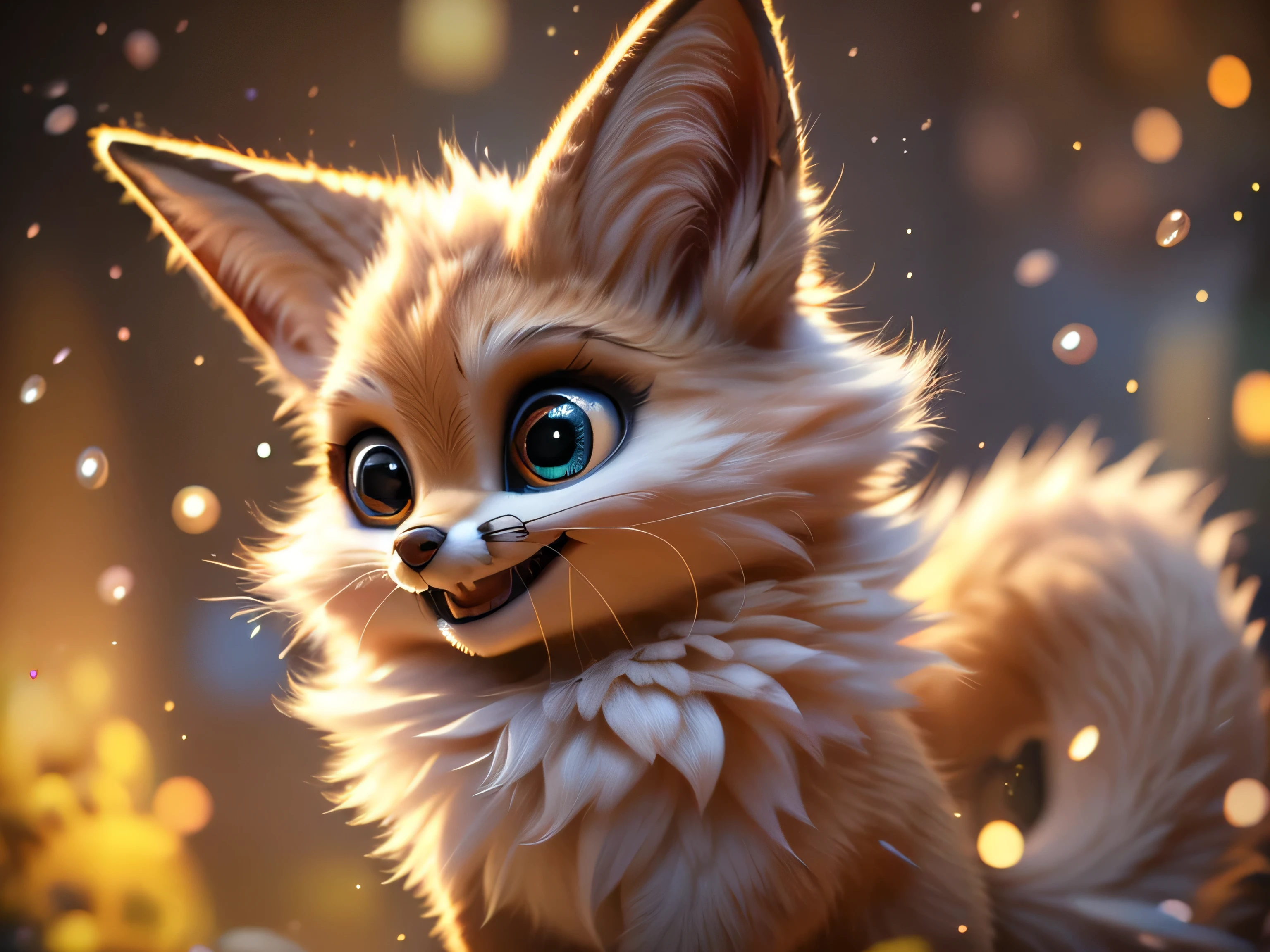 Magical Fantasy Creature, (Best Quality, Masterpiece, Representative Work, Official Art, Professional, Ultra Fine Detail, 8k:1.3), (Photorealism:1.2), Fox Spirit, Super Cute, Big Eyes, Soft, Delicate Nose, Fluffy, Two-Toothed Smile, Cute Fennec Fox Ghost, Realistic, Beautiful, Sparkling, Stars in Eyes, Star Pearl, Fox Lights, Soft Volumetric Light, (Backlight:1.3), (Cinematic:1.2), Intricate Details, (ArtStation:1.3), --auto --s2