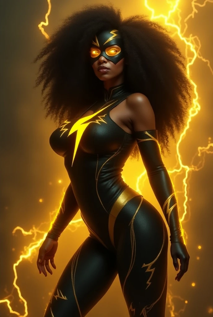 black super heroine with the power of lightning, white and curly hair, wears prescription glasses, large and perfect breasts, large and perfect butt, shapely legs and wears tight sexy clothes.