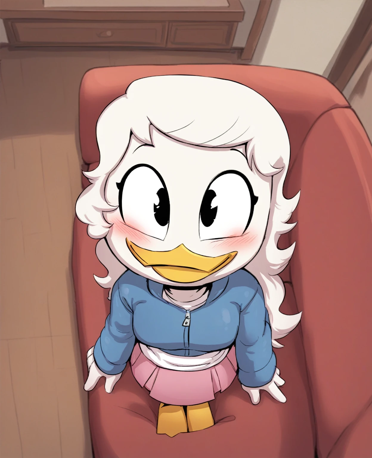 score_9, score_8_above, score_7_above, score_6_above,  Best quality , highres, source_ FURRY BREAK drocll BREAK Winter Blue Jacket
1 girl , Alone, inside,  living room , sofa,  session, specific, beak, Webby Vanderquack, young, piel Blanca,  white hair, happy,  flirty smile , blush, Blue winter jacket, pink skirt,  white shirt with light pink stripe,  long hair ,  large breasts, blush,