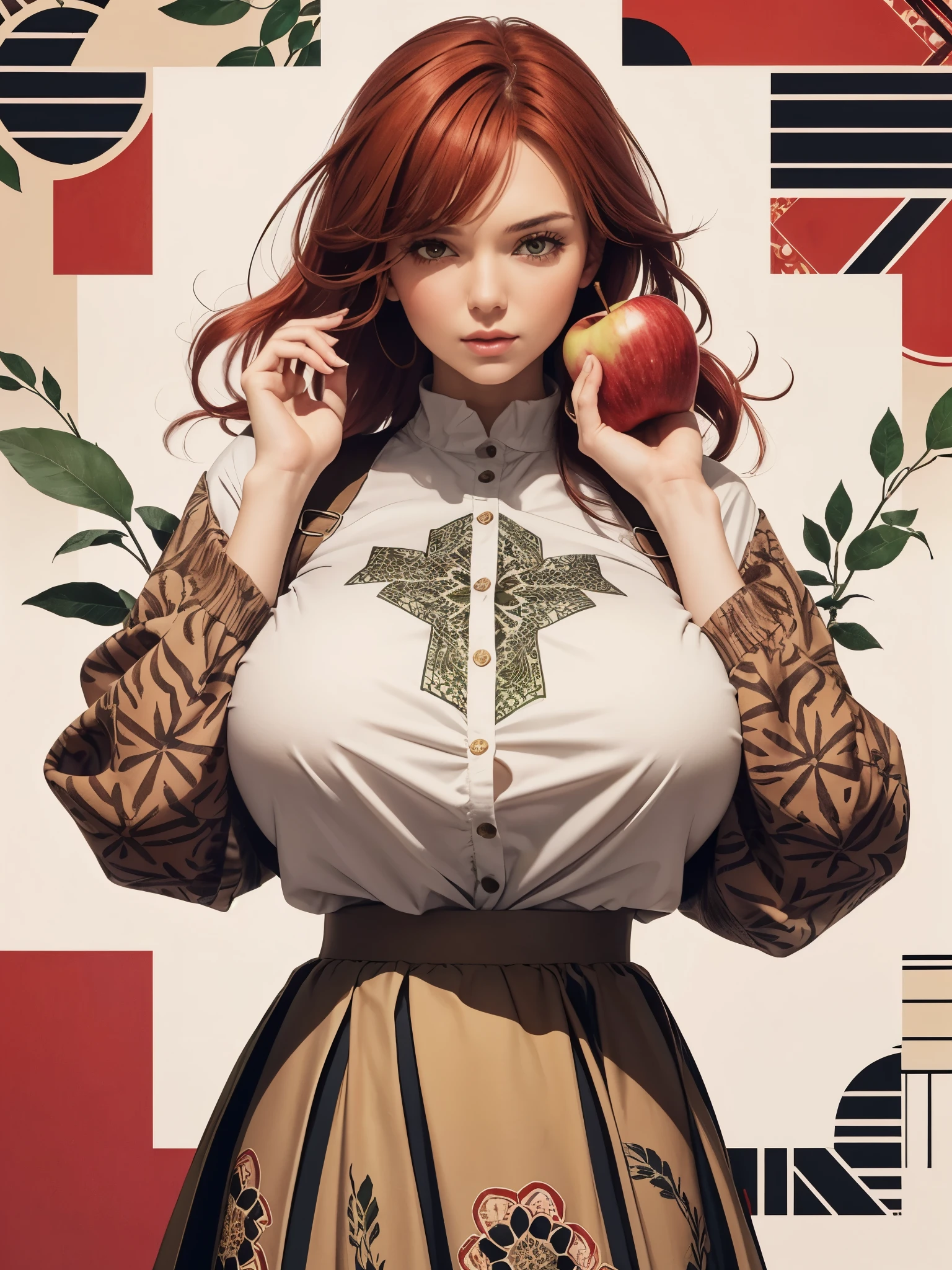 girl, (holding apple:1.2), green traditional clothing, (gigantic breasts:1.2), snug clothing, pony tail, side bangs, looking at viewer, parted lips, red hair tie, (brown patterned skirt:1.2), village setting, woods railings,