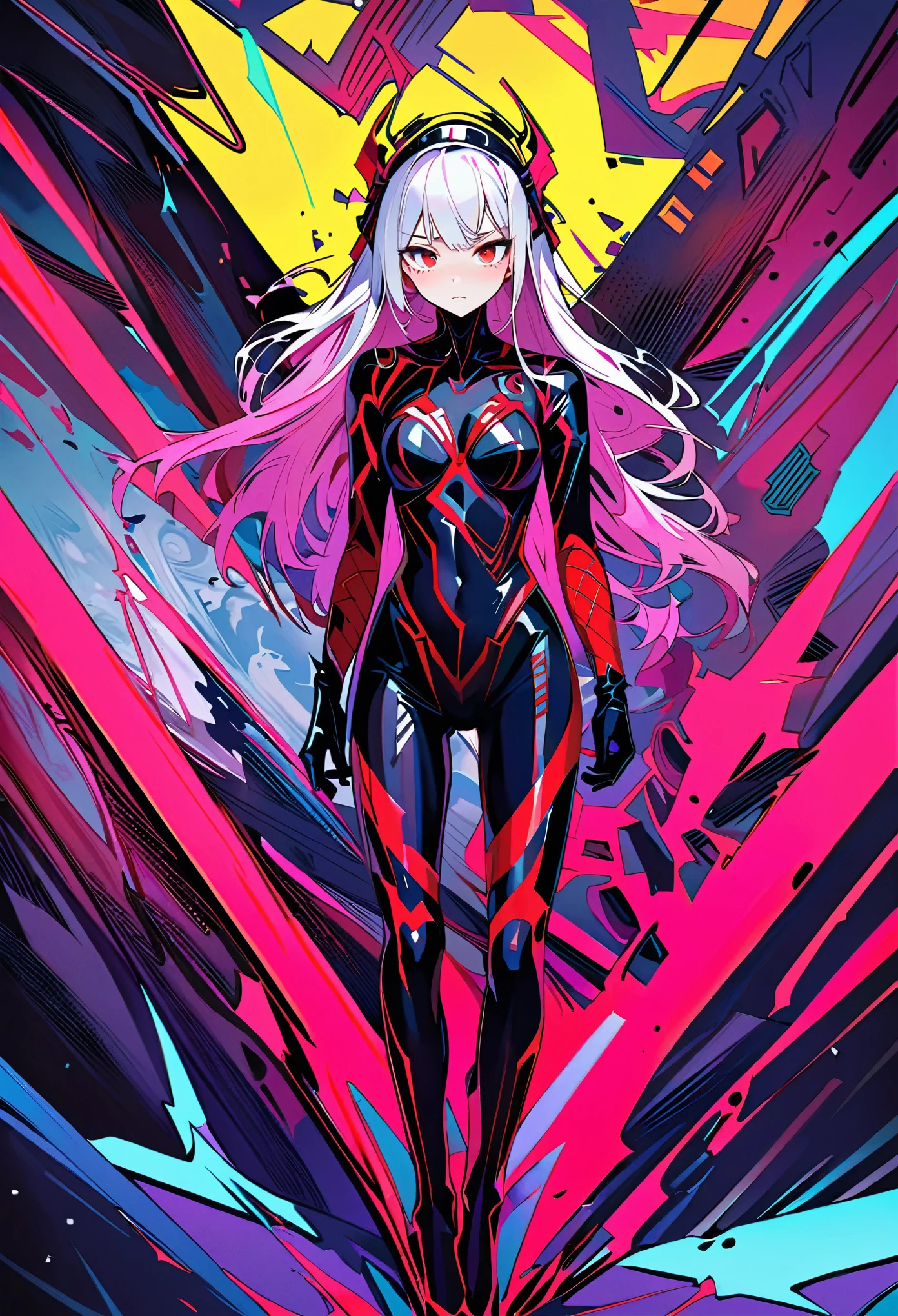 masterpiece ，  is the best quality， 8K， Digitally painting  ， 1 girl at home，  alone ， Stand up， youth， White hair， 长White hair， Headdress， Red Eyes， Round pupil，  her expressionless face  ， Bloodstained， Mechanical parts， electric wire， cable， Failure Effect， Shocking，  Science Fiction  ， Futuristic， The background is very dark ， neon，  Cyberpunk Characters  ，  Surrealism ， Weird， disturb， crawl ， Shocking，  Bodysuit  ，Red Eyes，venom，Blackened，Long Black Gloves  ，  Bodysuit  ， tight latex leggings，  emphasizes her graceful figure,Wrap the whole body，Symbiote，（（ Sexy highlights ）），  Bodysuit  ，Red Eyes，venom，Blackened，Long Black Gloves  ，  Bodysuit  ， Black latex costume ，Blood-Red Eyes，  is the best quality,  high resolution  ,  super detailed , Vivid texture, mask, tight latex leggings,  bangs,  purple hair,  blue eyes
